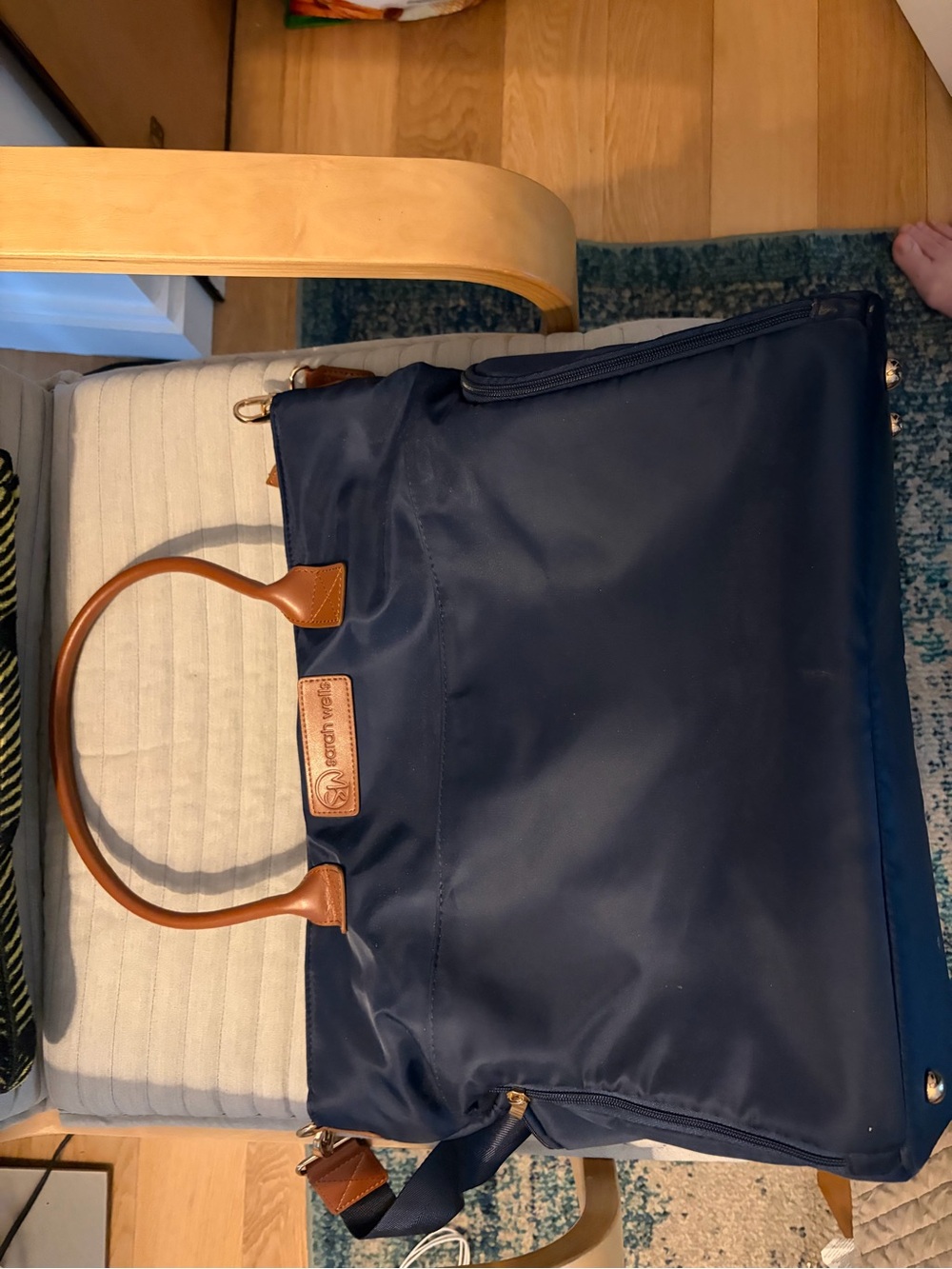 Sarah Wells Pump Bag Navy Tote with Tan Leather Handles